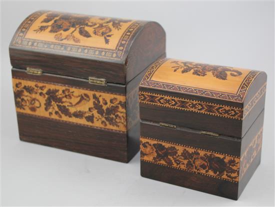 A Tunbridge ware rosewood flower basket mosaic dome top tea caddy and a similar smaller tea caddy, 5.5in.